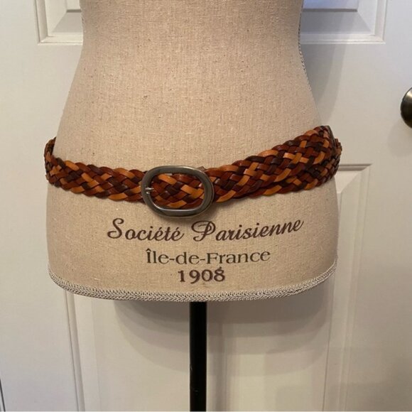 BELT BRAIDED BROWN LEATHER SKINNY ITALY ONE SIZE OS SILVERTONE BUCKLE 42.5” - Picture 1 of 12